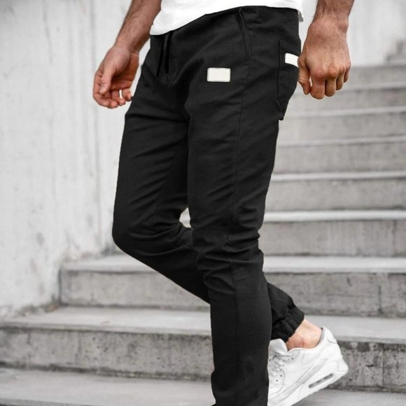 Casual Black Patched Men's Drawstring Pants - Picture 3 of 6